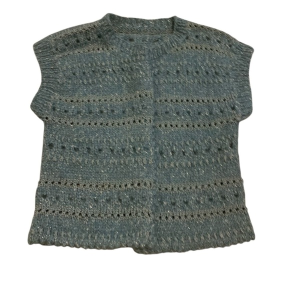 Vintage Sweaters - Vtg Handmade Textured Knit Vest Top Light Blue Sparkle Openwork Sweater | Small